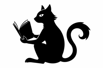 Cat reading a book silhouette black color white background 