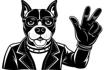 Cool dog with peace fingers in black leather gloves