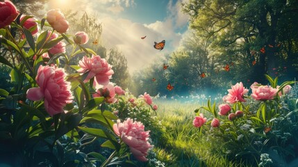 Fototapeta na wymiar a spring morning as peonies bloom, butterflies dance, sunlight bathes the scene in brightness, the sky radiates a deep blue hue, and lush green grass completes the picturesque landscape.