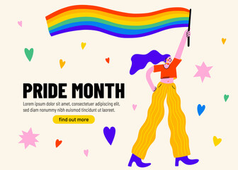 Female woman cartoon character hold rainbow flag during Pride month, gay parade celebration, lgbt festival, people against descrimination. human rights, equality. Web banner, poster, design concept