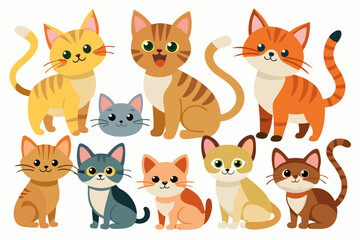 Cute cats and funny kitten doodle element vector. Happy international cat day characters design collection with flat color in different poses. Set of adorable pet animals isolated on white background