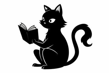 Cat reading a book silhouette black color white background 