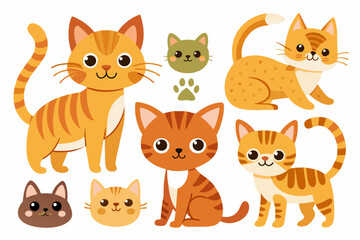 Cute cats and funny kitten doodle element vector. Happy international cat day characters design collection with flat color in different poses. Set of adorable pet animals isolated on white background