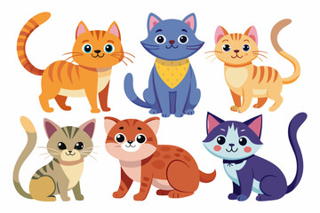 Cute cats and funny kitten doodle element vector. Happy international cat day characters design collection with flat color in different poses. Set of adorable pet animals isolated on white background