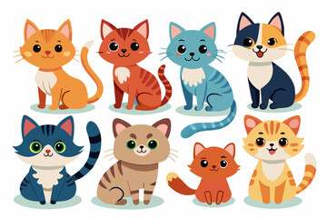 Cute cats and funny kitten doodle element vector. Happy international cat day characters design collection with flat color in different poses. Set of adorable pet animals isolated on white background