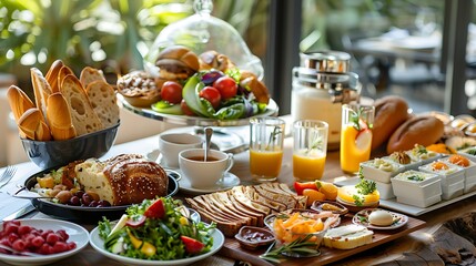 Table full of various fresh food in luxury modern restauran luxury hotel and five star room service various food platters bread and coffee as in room breakfast for travel and hospitality - obrazy, fototapety, plakaty