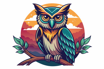 Create a captivating t-shirt design featuring a majestic owl perched on a branch against an white background