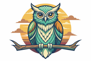 Create a captivating t-shirt design featuring a majestic owl perched on a branch against an white background