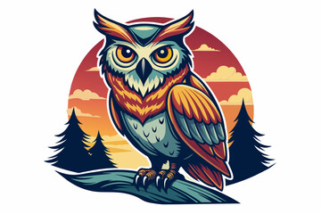 Create a captivating t-shirt design featuring a majestic owl perched on a branch against an white background