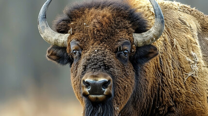   A tight shot of a bison's massive head, adorned with enormously curved horns, against a hazy backdrop