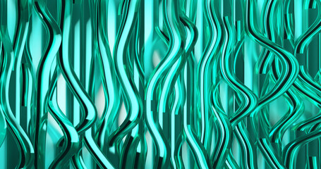 Long green glass shiny ribbon lines wriggle like waves on a light background, abstract colored background with stripes, 3d rendering