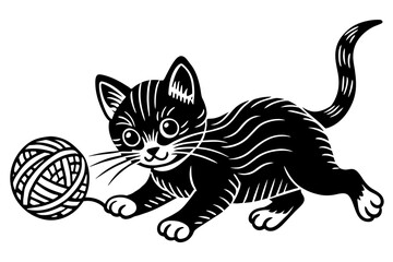 A playful kitten chasing after a ball of yarn vector silhouette 