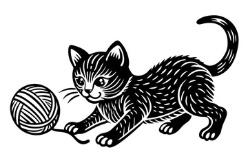 A playful kitten chasing after a ball of yarn vector silhouette 
