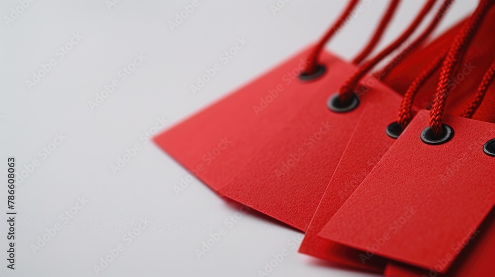 Poster Three red tags hanging from a string, suitable for various uses