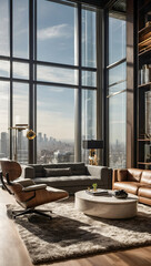 A luxurious modern room with floor to ceiling windows and sophisticated and elegant high end furniture