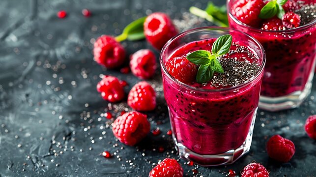 Tasty healthy dieting red berry smoothie with chia seeds in glasses on grey background closeup with copy space