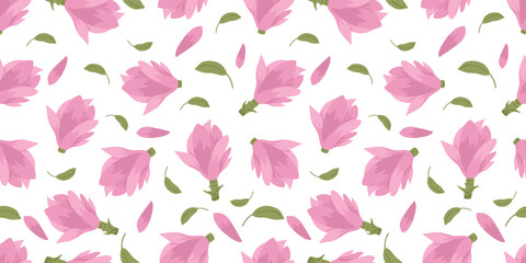 Floral seamless pattern with pink magnolia flower and leaves on white background. Blooming flower repeats texture for gift wrap, fabric, textiles, cover and interior design with flowers. Flat vector