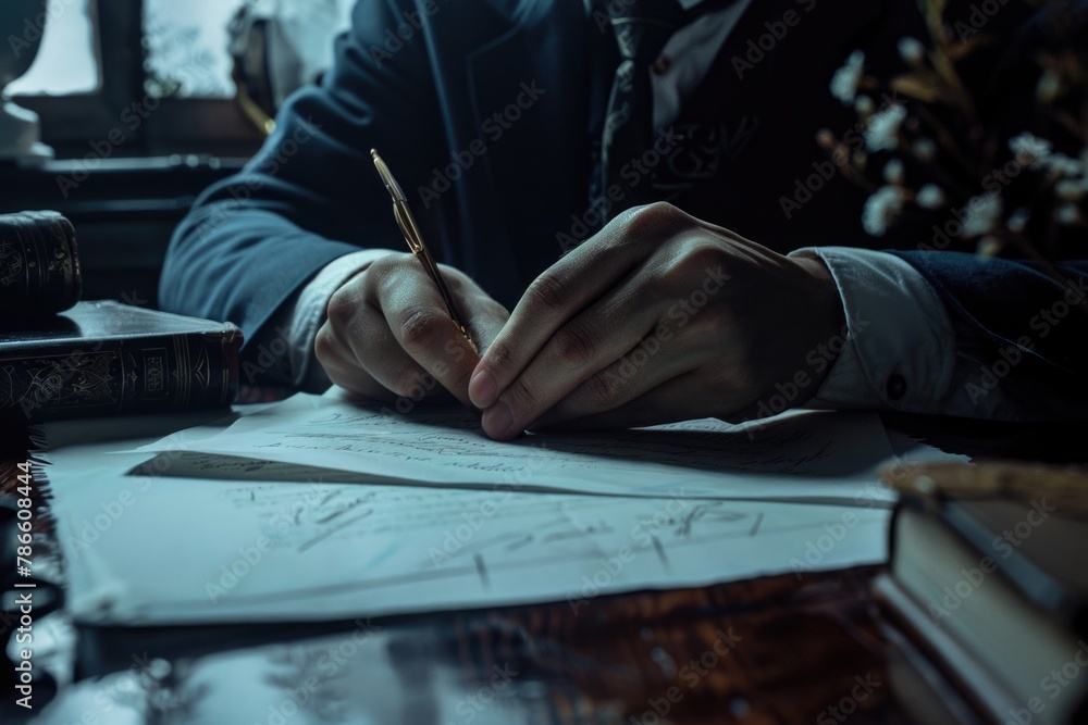 Poster a man in a suit writing on a piece of paper. suitable for business and office concepts