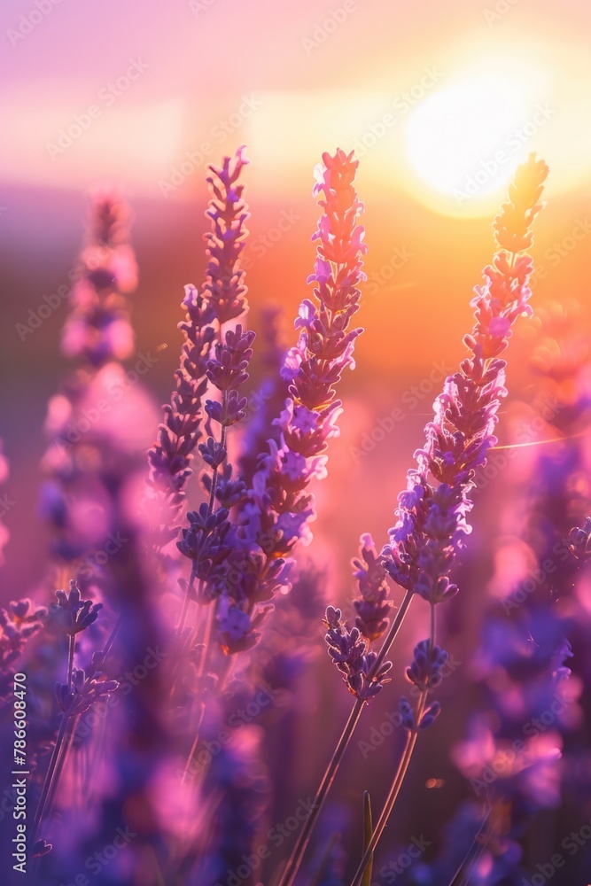Poster beautiful field of purple flowers with the sun setting in the background. perfect for nature and lan