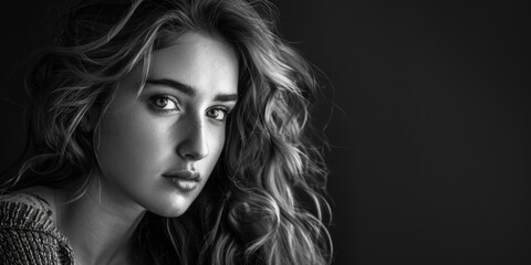Naklejka premium A black and white photo of a woman with long hair. Suitable for various design projects