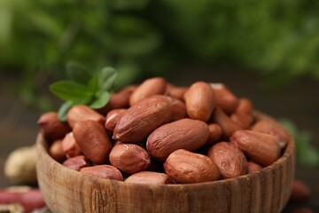 Fresh unpeeled peanuts in bowl on blurred green background, closeup