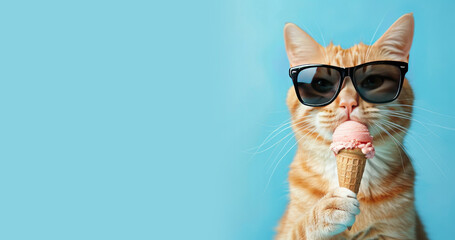 Cute Cat Wearing Sunglasses and Eating an Ice Cream Cone Space for Copy on a Blue Background