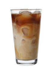Tasty iced latte in glass isolated on white