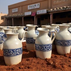 pots on the street, jug on a wooden table, blue line design jug, jug set