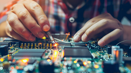 A person is working on a motherboard with a soldering iron A closeup shot of an electrician's hands meticulously soldering a circuit board The camera angle. - obrazy, fototapety, plakaty