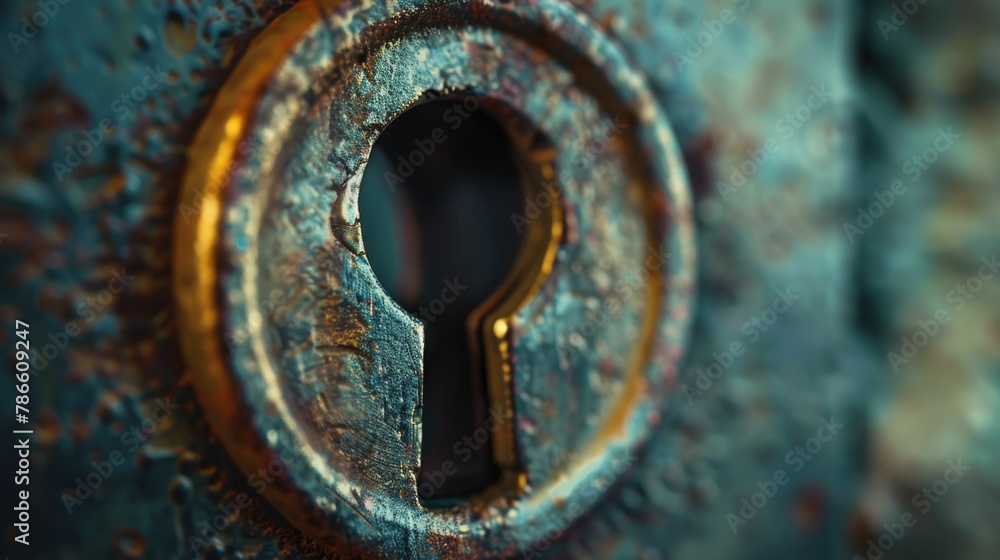 Poster Detailed view of a keyhole on a rusty door, ideal for security concepts