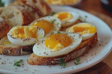 A white plate topped with eggs and bread. Ideal for food blogs or restaurant menus