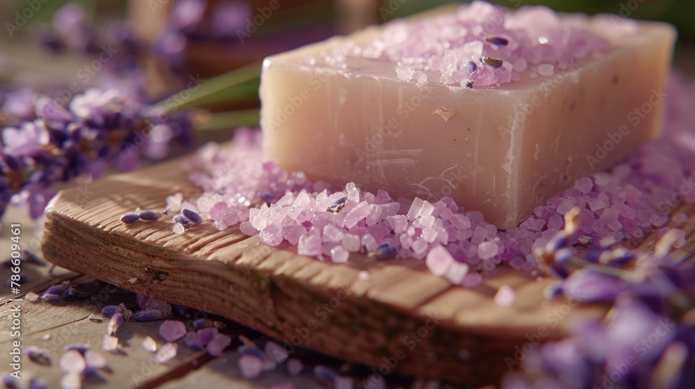 Poster a soap bar placed on a rustic wooden cutting board. perfect for hygiene or spa concepts
