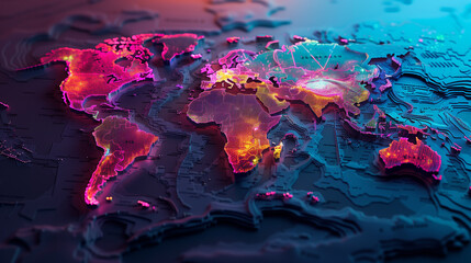3D relief map, continents, cybernetic colors, global commerce symbolism
