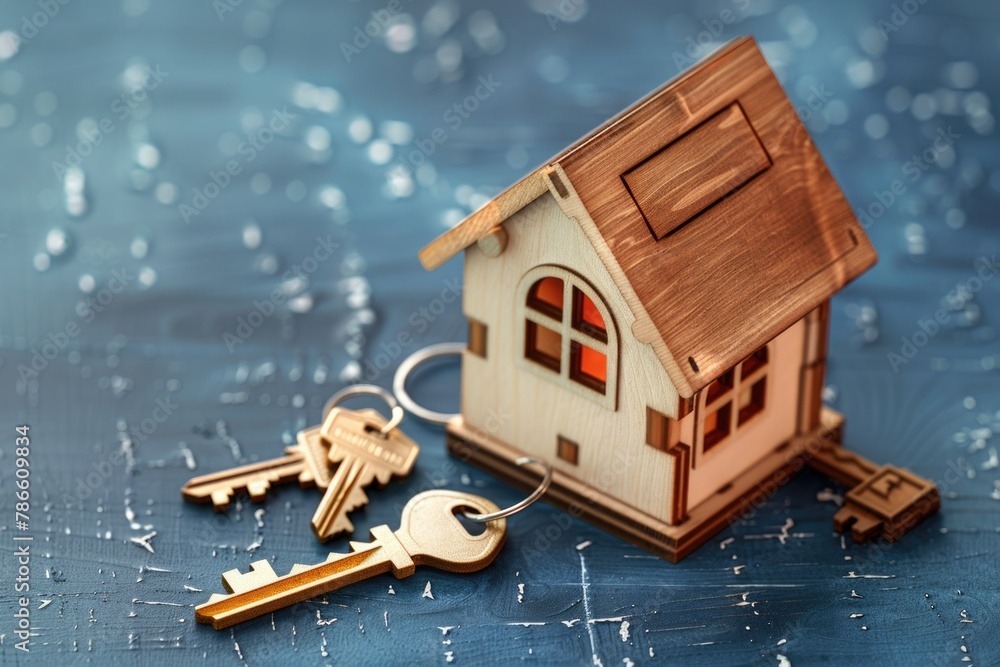 Poster a small wooden house with two keys attached to it. perfect for real estate or security concepts