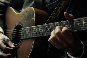 Close up of a person playing a guitar, perfect for music industry promotions - obrazy, fototapety, plakaty