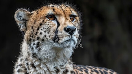   A tight shot of a cheetah's face, surrounded by a hazy backdrop of trees
