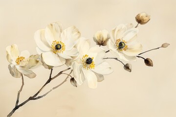 A serene watercolor of a Japanese anemone, with its simple yet striking flowers poised on tall, slender stems - obrazy, fototapety, plakaty