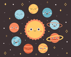 Collection of trendy cartoon planets in space. Solar System. Earth Day, Save planet. Vector illustration in flat style