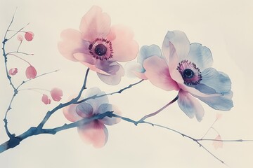 A serene watercolor of a Japanese anemone, with its simple yet striking flowers poised on tall, slender stems - obrazy, fototapety, plakaty