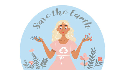 Flat style illustration of young female in dress standing with raised hands to save environment, phrase Save the Earth. recycling and sustainability background.