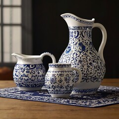 jug on a wooden table, blue line design jug, jug set