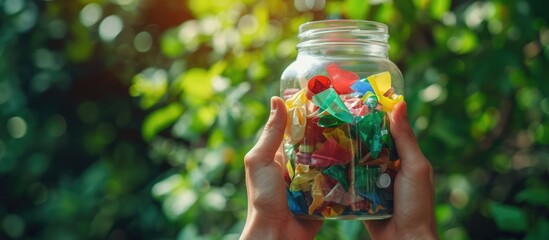 Generative AI, close up of hands holding a glass jar filled with colorful recycled materials, such as paper, plastic and glass
