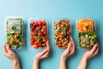 Four plastic containers filled with different types of food. Ideal for meal prep or food storage solutions - obrazy, fototapety, plakaty