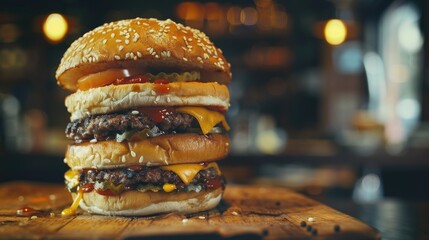 A delicious large hamburger on a wooden cutting board. Perfect for food and restaurant concepts - obrazy, fototapety, plakaty