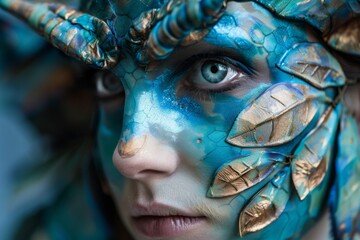 a close up of a woman s face with blue paint and leaves on it - Powered by Adobe