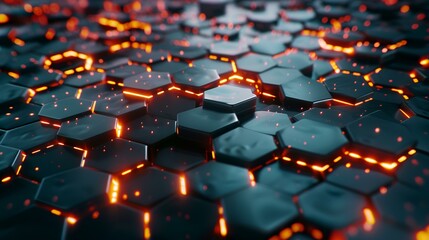 Abstract 3d rendering of chaotic hexagon shape with glowing lights. Futuristic background. - obrazy, fototapety, plakaty