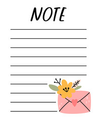 Spring notes list template. Organizer and Schedule with place for Notes. Good for Kids. Vector illustration design for planner.Web