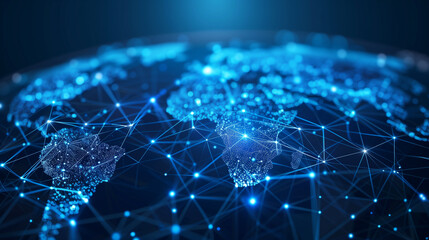 Artificial intelligence network digital, dark blue world background, focus on Brazil