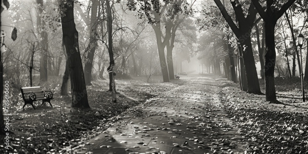 Poster A serene black and white photo of a park bench. Perfect for adding a touch of elegance to any project