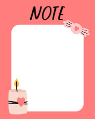 Valentines day notes list template. Organizer and Schedule with place for Notes. Good for Kids. Vector illustration design for planner.